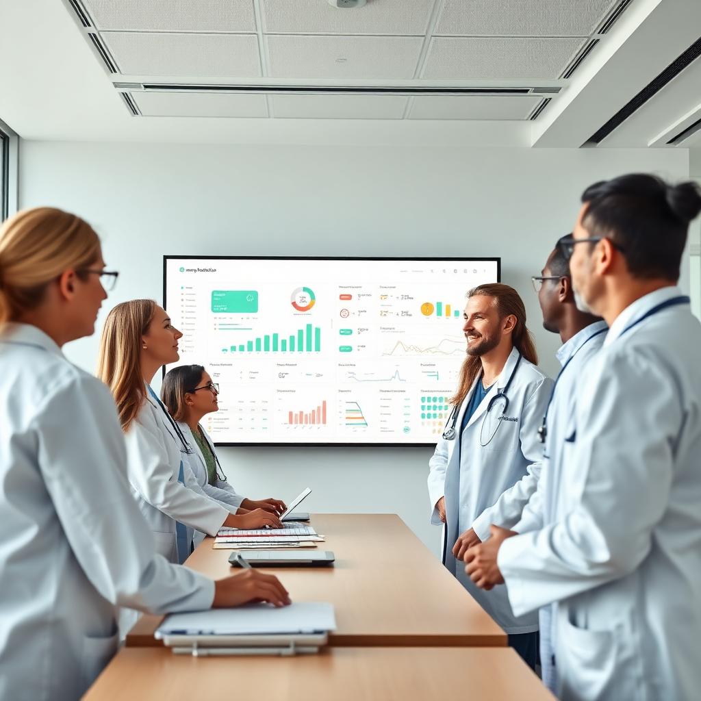 MediCore team collaborating around an analytics dashboard