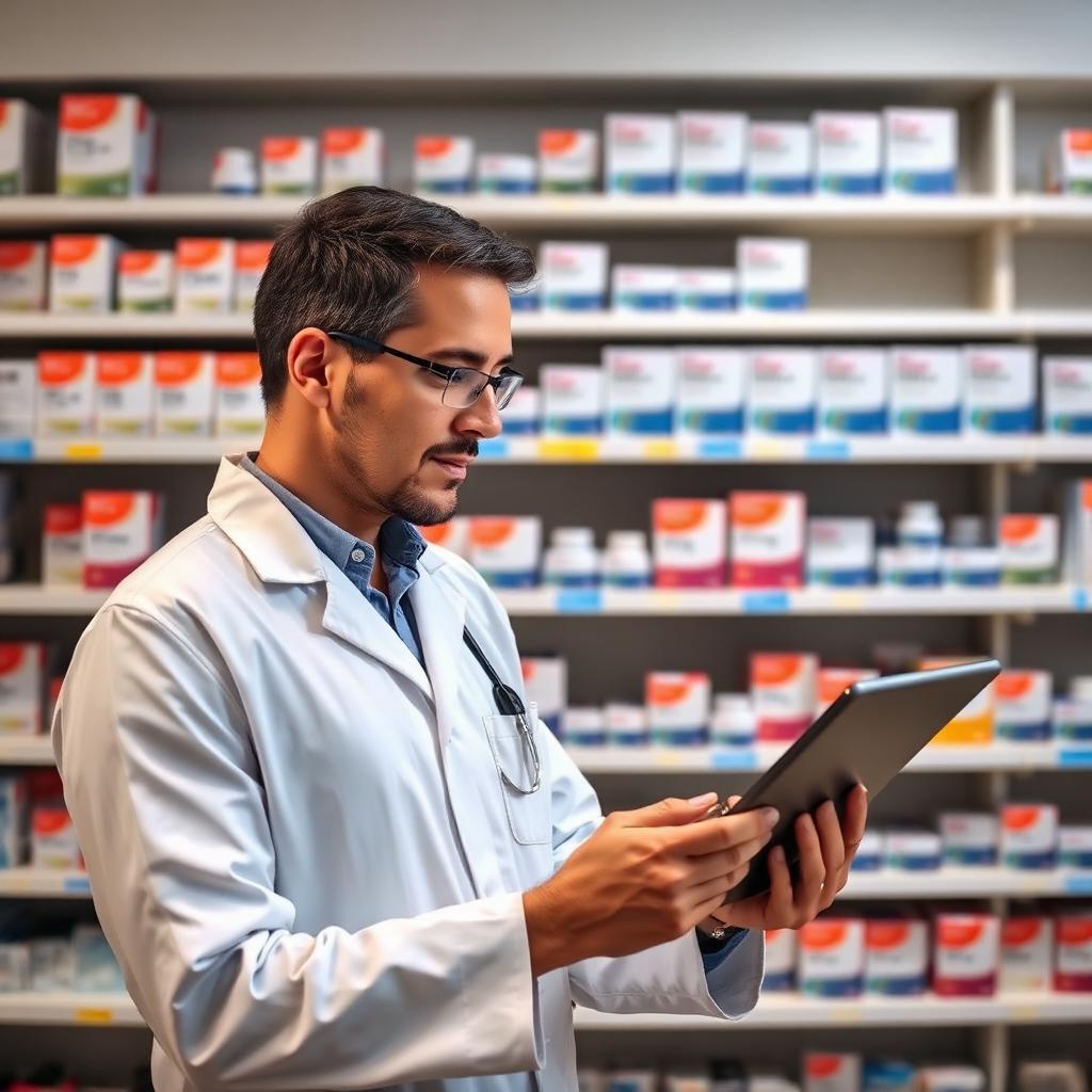 Pharmacist checking inventory
